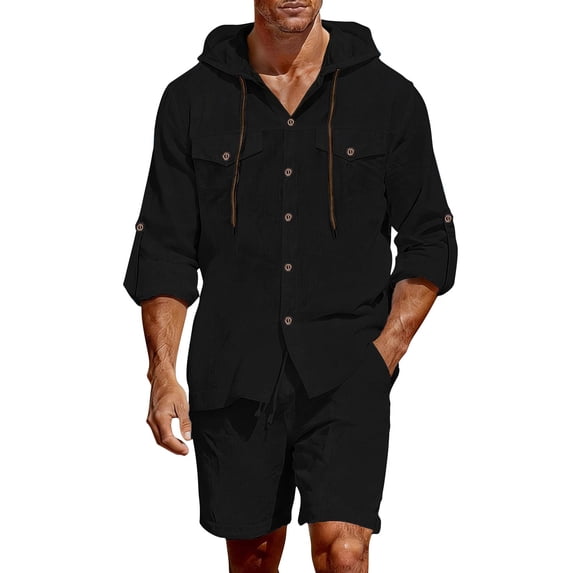 Amkhujs Sets for Men with Pockets Button Down Hoodies Long Sleeve Shirts and Shorts Linen Sets Summer Outfits,Black,XL