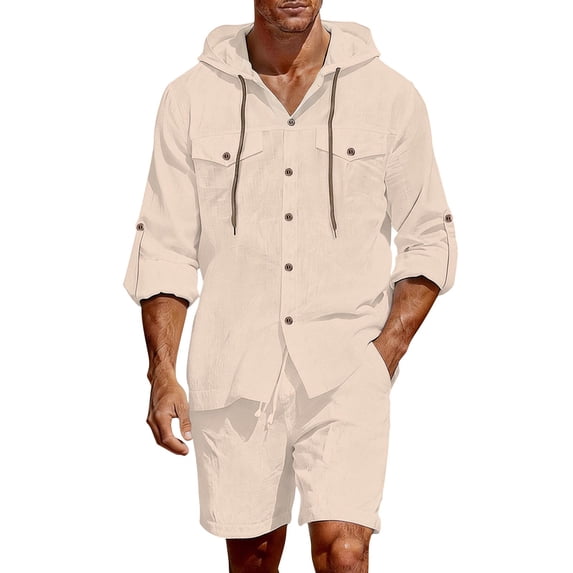 Amkhujs Sets for Men with Pockets Button Down Hoodies Long Sleeve Shirts and Shorts Linen Sets Summer Outfits,Khaki,XXL