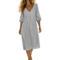 thumbnail image 1 of Amkhujs Summer Dresses for Women Breathable Soft V Neck Linen Dress Elastic Cuff 3/4 Sleeve Midi Dress for Casual Wear, 1 of 5