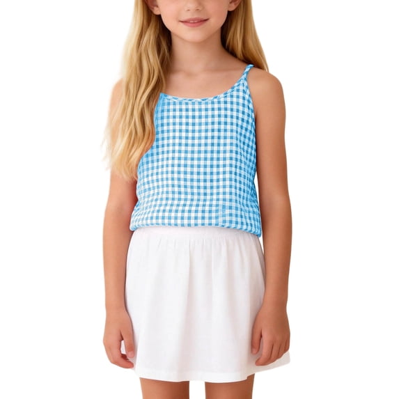 Amkhujs Tank Tops for Girls Summer Casual Loose Crew Neck Linen Tops Soft Spaghetti Strap Plaid Print Cute Tops