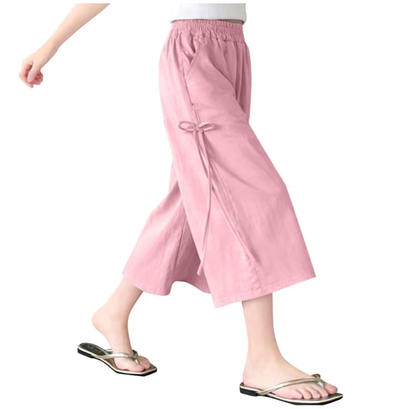 Amkhujs Wide Leg Pants for Girls Summer Lightweight Casual Cropped Pants with Pockets Trendy Cute Side Bowknot Solid Color Elastic Waist Pants