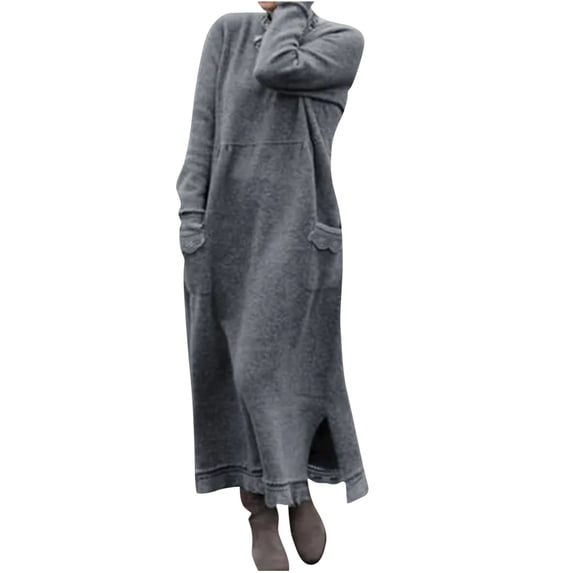Amkhujs Winter Dresses for Women Soft Loose Crew Neck Long Sleeve Dress with Pockets Elegant Lace Hem Side Slits Long Dress