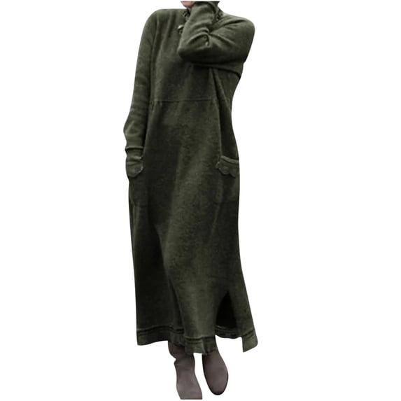 Amkhujs Winter Dresses for Women Soft Loose Crew Neck Long Sleeve Dress with Pockets Elegant Lace Hem Side Slits Long Dress