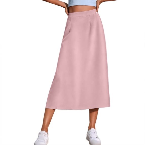 Amkhujs Womens Midi Skirts Elegant Soft Solid Summer Skirt with Side Slit High Waist A Line Skirts for Office Work Outfit,Light Pink,S