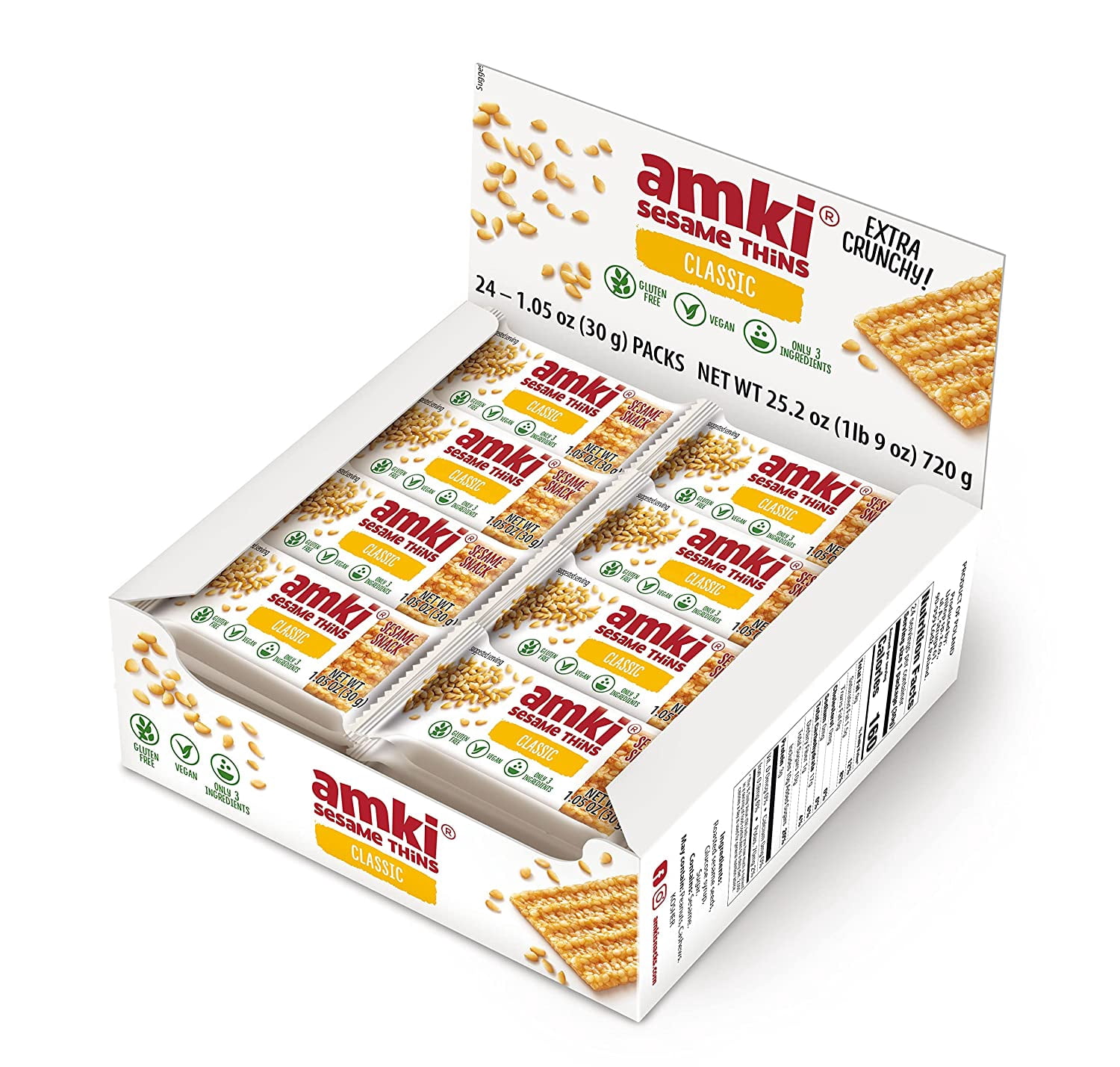 Amki Sesame Thins Classic (Sesame Snaps), Gluten Free, Vegan, Delicious, Crunchy, Sensibly Sweet Snacks. 24 Pack, 720g