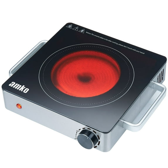 Amko AK-IR15 Stainless Steel Single-Burner Portable Ceramic Infrared Cooktop, Black and Silver