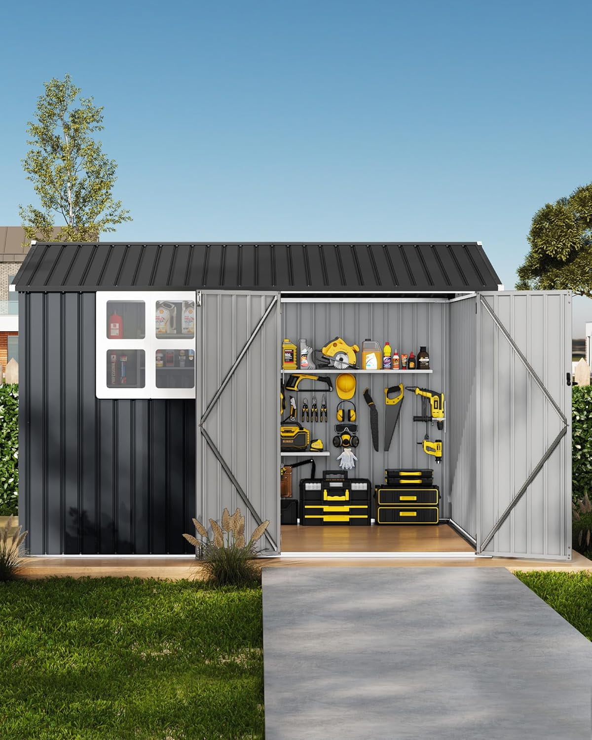Amkui 10x8 Ft Shed Outdoor Storage Shed, Sturdy Metal Garden Tool Shed with Windows & Slooping Roof & Lockable Doors for Patio, Backyard, Poolside and Lawn