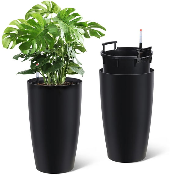 Amkui 15.7"Outdoor&Indoor Planter Pots with Wheels,Garden Flower Planters Set of 2, Large Floor Standing Plant Pot with Water Level Indicator &Inner Bucket, Automatic Watering