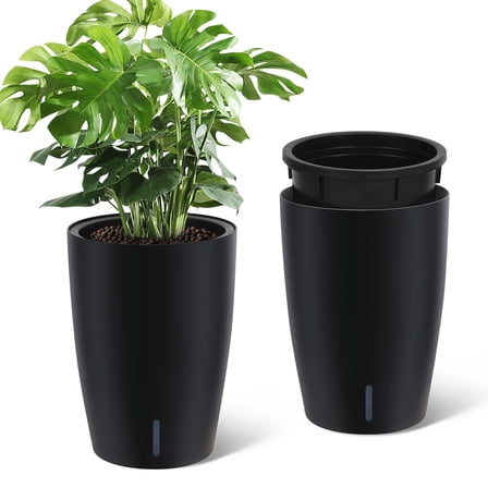 Amkui 15.7"Outdoor＆Indoor Planter Pots with Wheels,Garden Flower Planters Set of 2, Large Floor Standing Plant Pot with Water Level Indicator ＆Inner Bucket, Automatic Watering