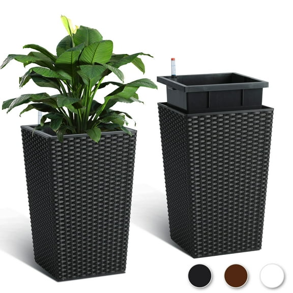 Amkui 16 Inch Outdoor Indoor Planters Set of 2, White/Black Tall Planter Pots Rattan Large Flower Pot with Water Level Monitor & Trays for Office/Patio/Porch/Home/Living Room/Garden