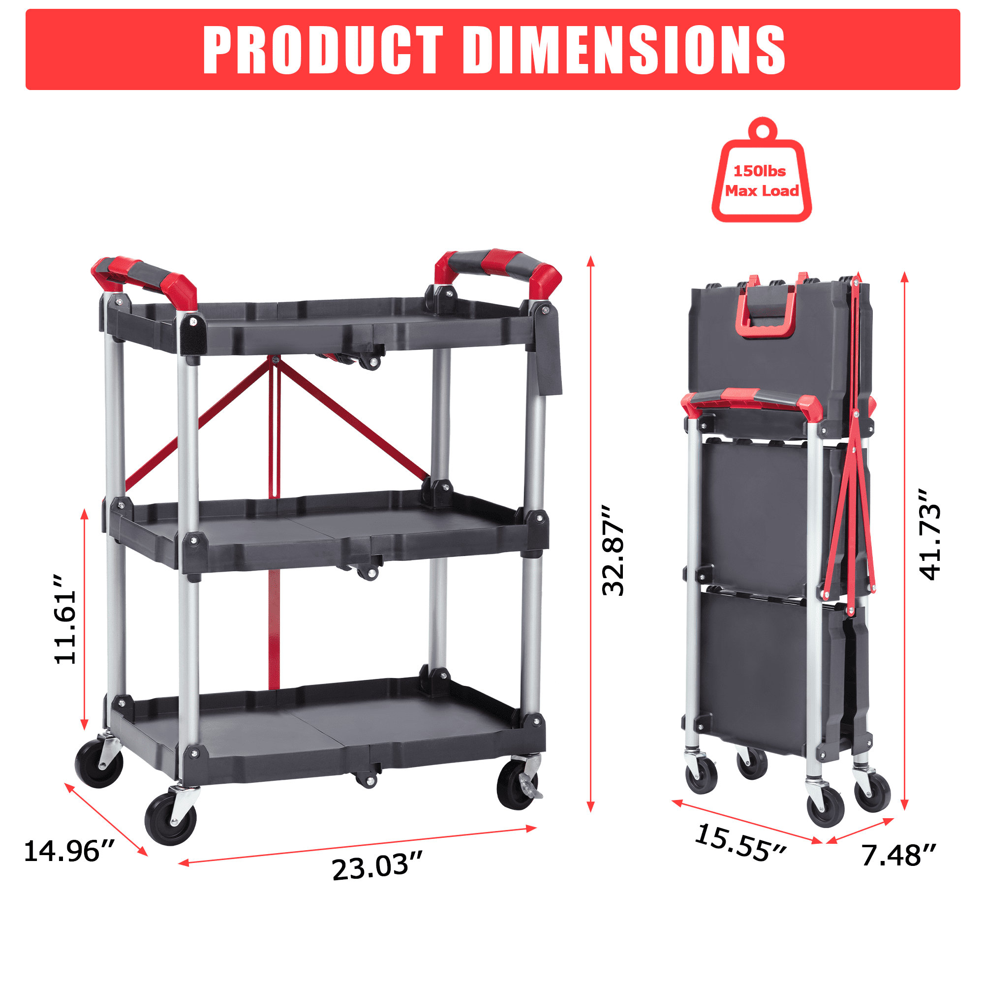 Amkui 3 Tier Portable Folding Service Cart with Wheels 150 lbs Load Capacity Foldable Utility Cart Collapsible Rolling Carts for Home Office Kitchen Garage