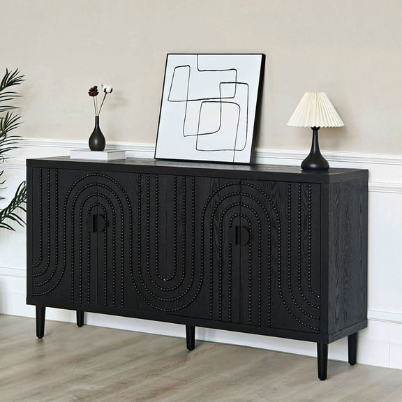 Amkui 30" Fluted Sideboard Buffet Cabinet with 4 Door Antique Black Entryway Table Decorative Storage Cabinet Accent Credenzas for Living Room Home Kitchen