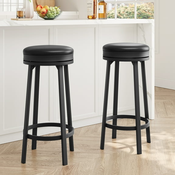 Amkui 30" Swivel Bar Stools Set of 2 with Footrest, PU Leather Upholstered Barstools Set of 4, Modern Counter Height Barstools, Metal Frame Round Bar Stools for Kitchen Island, Dining Room, Bar