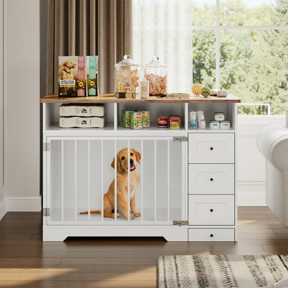 Amkui 47.8" Dog Crate Furniture Kennel with 3 Drawers & 3 Storage Cabinet Farmhouse Wooden Pet House for Medium Small Dogs Indoor Modern Side End Table （with a Dog Basin）