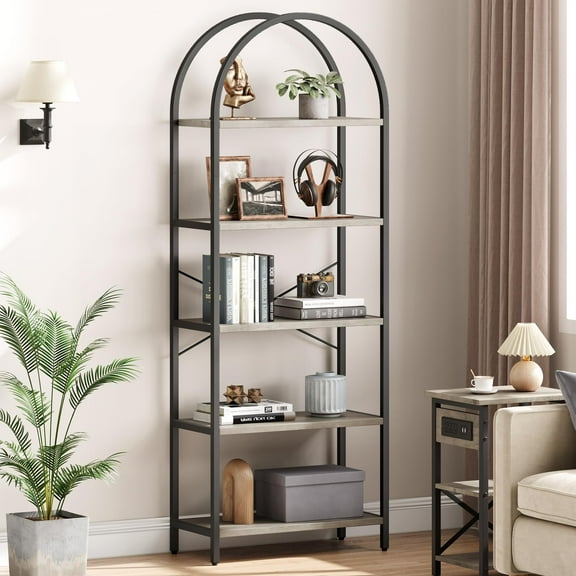 Amkui 5 Tier Bookshelf Arched Display Tall Standing Metal Frame for Bookroom Bedroom Modern