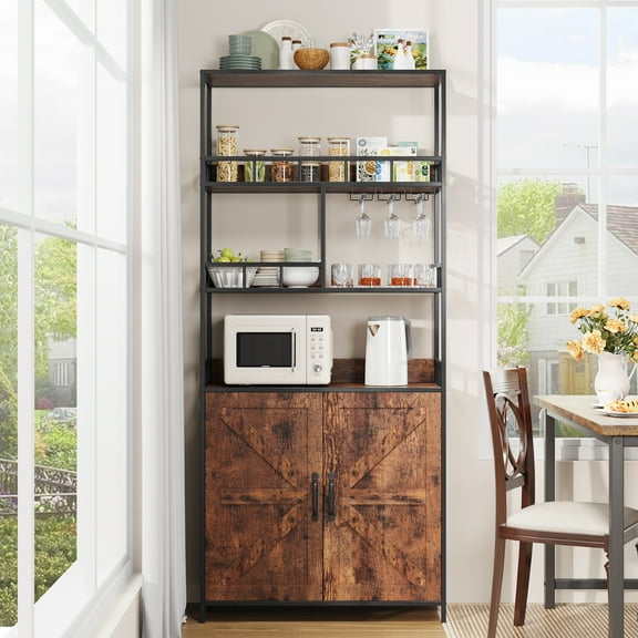 Amkui 70.86" Farmhouse Coffee Bar Cabinet for Liquor & Glasses, Bakers Rack with Storage, Kitchen Microwave Stand with X-Door & Shelves & Wine Rack, Modern Wooden Buffet Sideboard Cabinet for Home