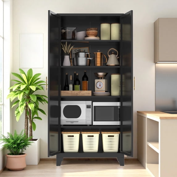 Amkui 70" Tall Metal Storage Cabinet with Lockable Doors & Adjustable Shelves, Kitchen Pantry Cabinet, Tools Clothes Garage Storage Cabinet for Home Office