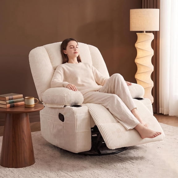 Amkui Adult Corduroy Living Room Heated and Massage Recliners with Side Pocket and Cup Holders, White