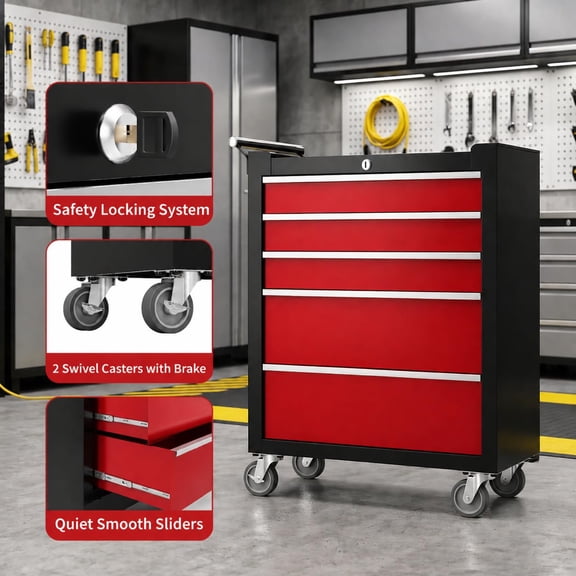 Amkui Heavy-Duty 5-Drawer Rolling Tool Chest - Locking Steel Storage Cabinet, Smooth-Glide Drawers, Drawer Liners, Lockable Casters for Garage/Workshop - Red/Black