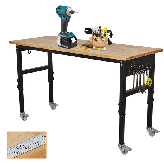 Amkui Height Adjustable Workbench with Power Outlet,70" 2000 Lbs Capacity Rolling Work Tables with 4 Lockable Casters, Oak Wood Top for Garage, Workshop,Party, Shop, Office