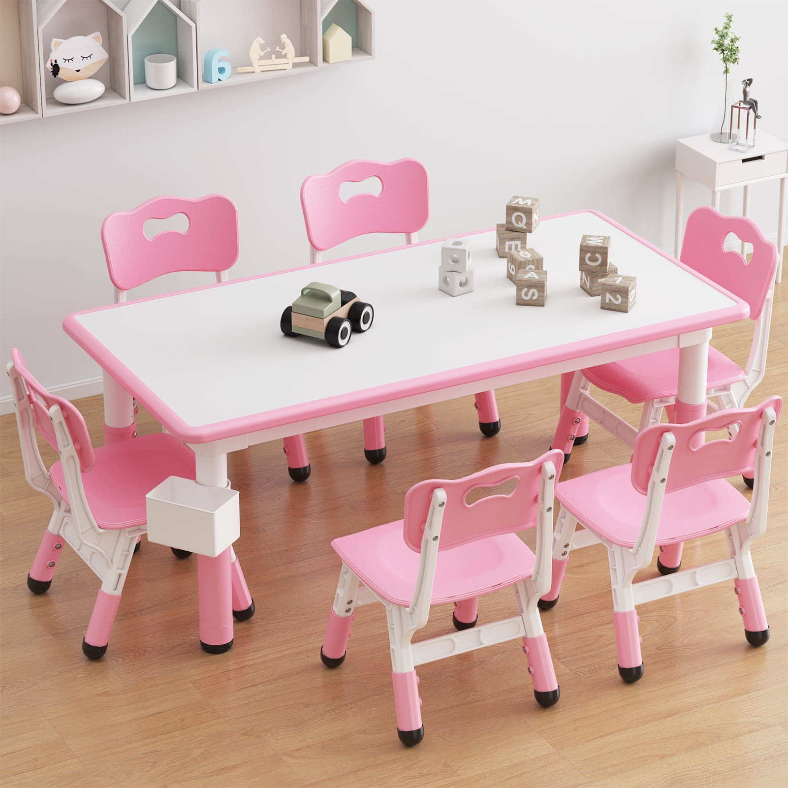Amkui Kids Table Set and 6 Chair, Height Adjustable Toddler Desk and ...