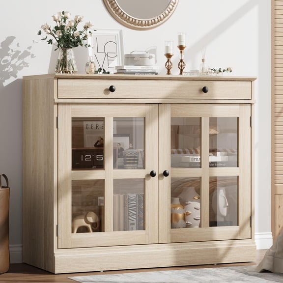 Amkui Kitchen Storage Cabinet, 2 Glass Door Buffet Sideboard with a Large Storage Drawer, Modern White Coffee Bar Cabinet with Adjustable Shelf for Dining Room, Kitchen, Entryway