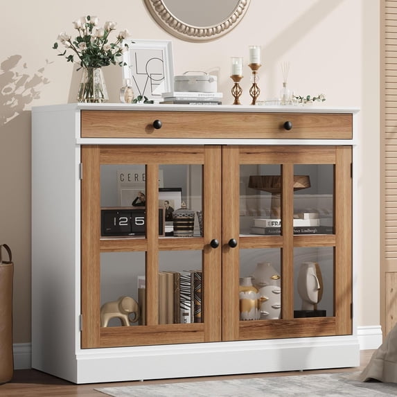 Amkui Kitchen Storage Cabinet, 2 Glass Door Buffet Sideboard with a Large Storage Drawer, Modern White Coffee Bar Cabinet with Adjustable Shelf for Dining Room, Kitchen, Entryway