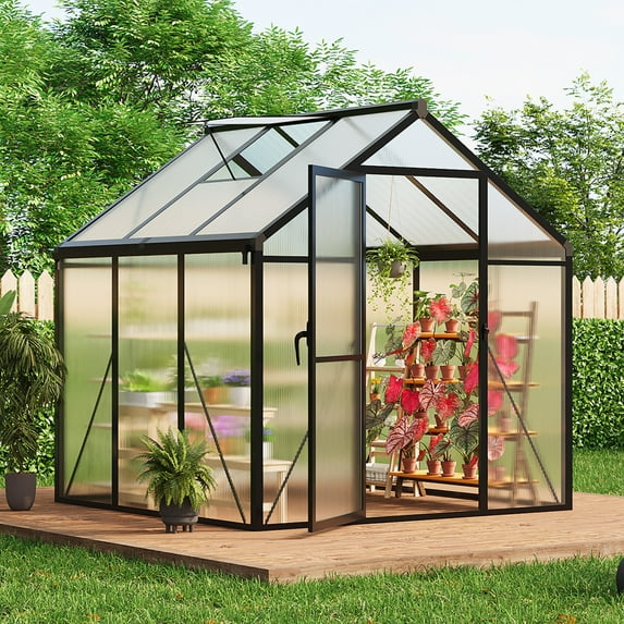 Amkui Large Aluminum Walk-in Green Houses for Outdoors, Polycarbonate Greenhouse with Sliding Doors & Roof Vent, Sunroom Winter Greenhouse for Outside Patio, Backyard, Garden