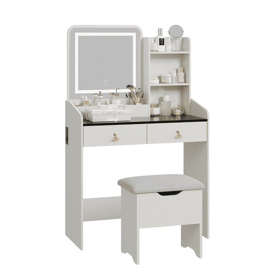 Amkui Makeup Vanity Table with LED Lighted Mirror, Vanity Table Set with 2 Drawer and Charging Station, Small Vanity Desk Set with Storage Stool, Femal Gift