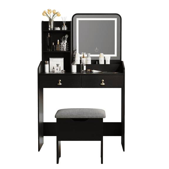 Amkui Makeup Vanity Table with LED Lighted Mirror, Vanity Table Set with 2 Drawer and Charging Station, Small Vanity Desk Set with Storage Stool, Femal Gift