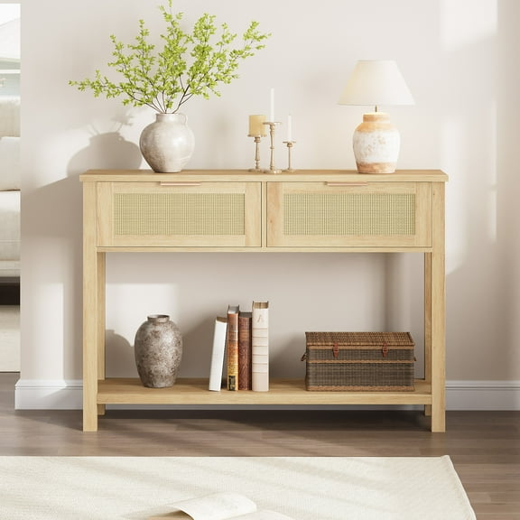 Amkui Rattan Console Table Boho Entryway Table with 2 Drawers, Narrow Sofa Table Hallway Couch Table Open Storage Shelf for Living Room, Foyer and Corridor