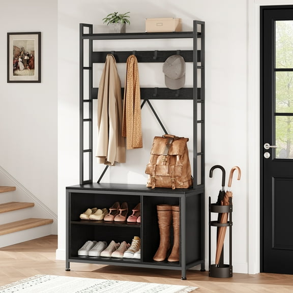 Amkui Shoe Rack for Closet, 36.41" Hall Tree with Shoe Storage Bench, 3 in 1 Hallway / Entryway Bench with Coat Rack & Wall Rack 8 Hooks, Industrial Shoe Bench