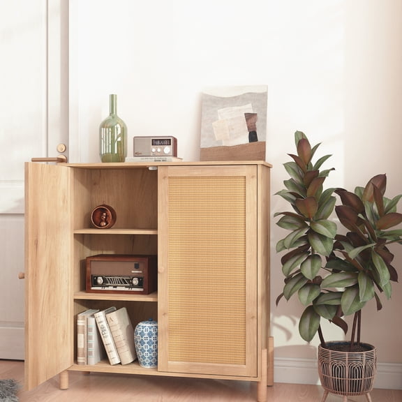 Amkui Sideboard Buffet Cabinet with Rattan Decor Doors & Adjustable Shelves, Kitchen Storage Cabinets Accent Cabinet Console Table for Entryway Dining Room