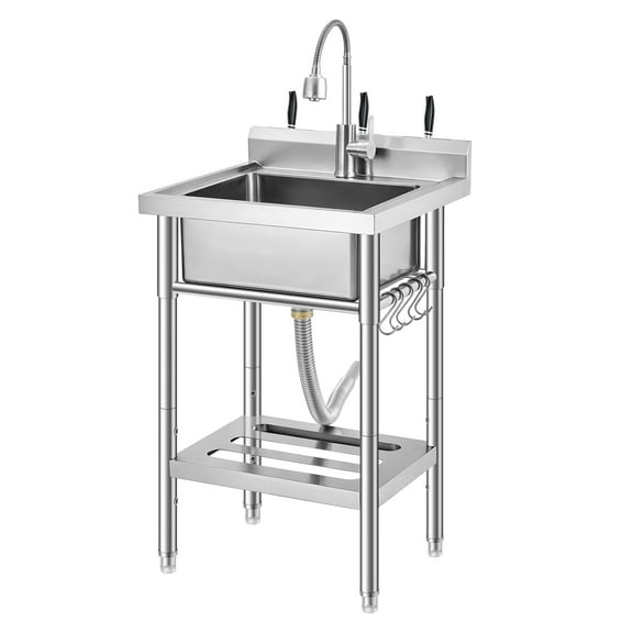 Amkui Stainless Utility Sink, Freestanding Outdoor Sink with Adjustable Legs, Storage Shelf,S-Hooks & Hot Cold Water Pipes, Kitchen Single Stainless Sinks for Laundry, Garage