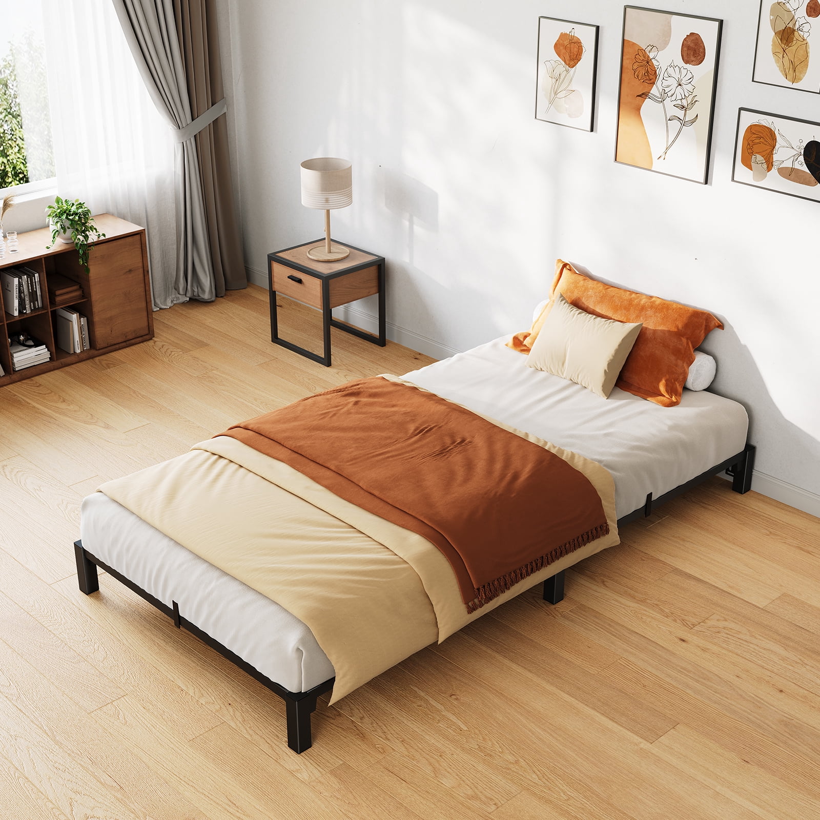 Amkui Twin Full Queen King Bed Frame, 6/8/10/12/14 Inch High Platform Bed Frame, Full Size with Storage Space, Heavy Duty Steel Slat Support, No Screws Needed, Easy Assembly, Black
