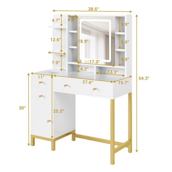 Amkui White Makeup Vanity Desk with Drawer, Lighted Mirror and Dressing Table, Modern Vanity Cabinet for Bedroom, Three Light Modes