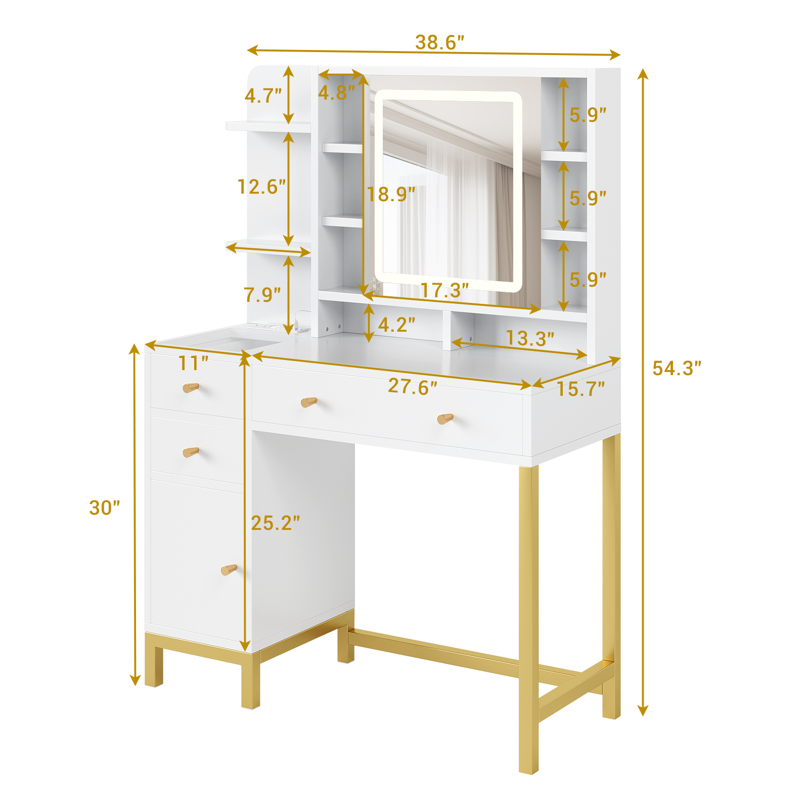 Amkui White Makeup Vanity Desk with Drawer, Lighted Mirror and Dressing Table, Modern Vanity Cabinet for Bedroom, Three Light Modes