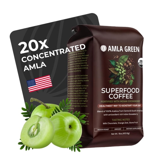 Amla Green Organic Ground Superfood Coffee, Medium Roast Gourmet Coffee with Antioxidant Rich Indian Gooseberry, 100% Arabica Special with Amla Benefits, 16 Oz