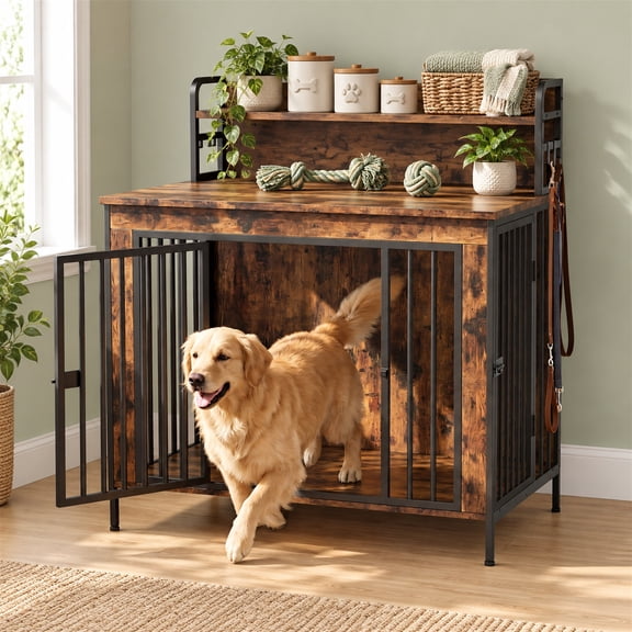 Amlancher 40-Inch Dog Crate Furniture with Storage Shelf, Rustic Brown
