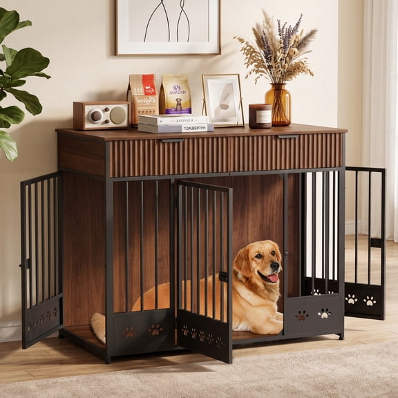 Amlancher 43.3" Dog Crate Furniture with Double Drawer Storage, Walnut & Black
