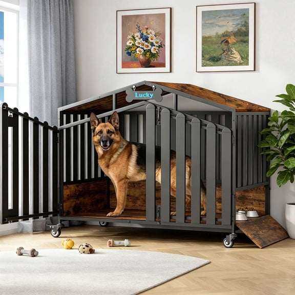 Amlancher 48" Dog Crate Furniture, Heavy Duty Wooden Dog Kennel Indoor with 360° Wheels & Feeding Window, Elevated Roof Cabin Style Dog House for Large Dogs, Rustic Brown