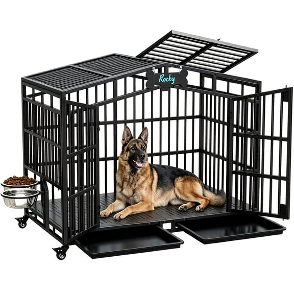 Amlancher 48-Inch Heavy Duty Dog Crate with 2 Bowls, Open Top Roof, Lockable Wheels and Removable Tray