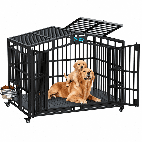 Amlancher 54-Inch Heavy Duty Dog Crate with 2 Bowls, Open Top Roof, Lockable Wheels and Removable Tray