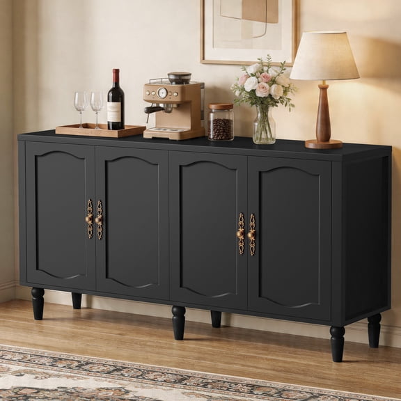 Amlancher 63" Mid Century Modern Sideboard Buffet Cabinet with Storage, Adjustable Shelf & 4 Doors Credenza for Dining Room, Black