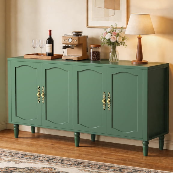 Amlancher 63" Mid Century Modern Sideboard Buffet Cabinet with Storage, Adjustable Shelf & 4 Doors Credenza for Dining Room, Green