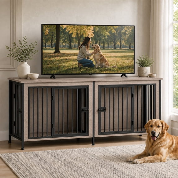 Amlancher 78inch Dog Crate Furniture for 2 Large Dogs, Indoor Dog Kennel Furniture with 4 Doors, Oak Gray