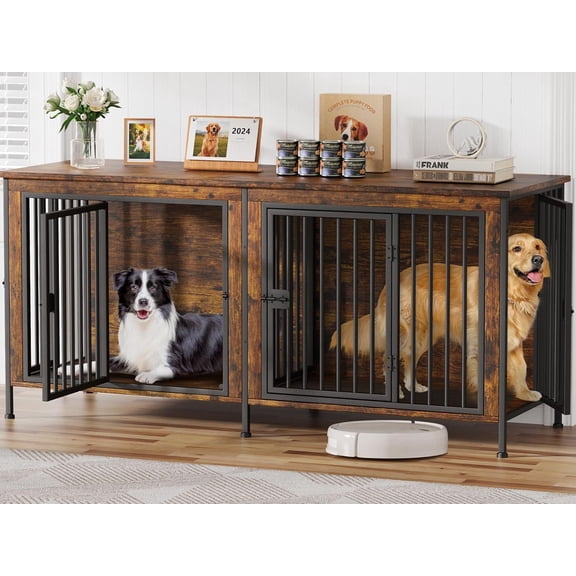 Amlancher Dog Crate Furniture for 2 Large Dogs, 78inch Heavy Duty Dog Kennel Furniture, Rustic Brown
