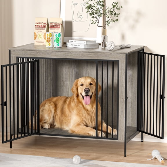 Amlancher Dog Crate Furniture for Large Dogs, 48inch Heavy Duty Dog Kennel Furniture, Oak Gray