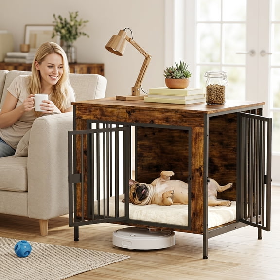 Amlancher Dog Crate Furniture for Small Dogs, 28inch Wood Dog Kennel Furniture, Rustic Brown