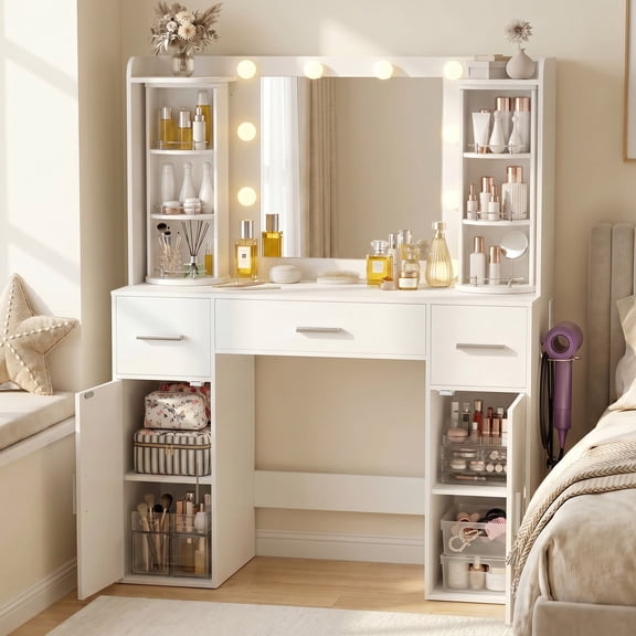 Amlancher Makeup Vanity Desk with Lighted Mirror and Rotating Jewelry Organizer, Bedroom Dressing Table with Charging Station, White